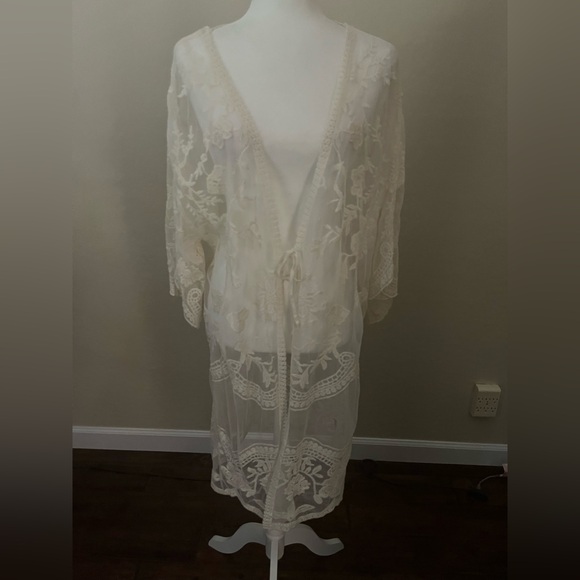 Floral lace cardigan kimono crochet embroidery cream white beach bikini cover-up - Picture 5 of 6